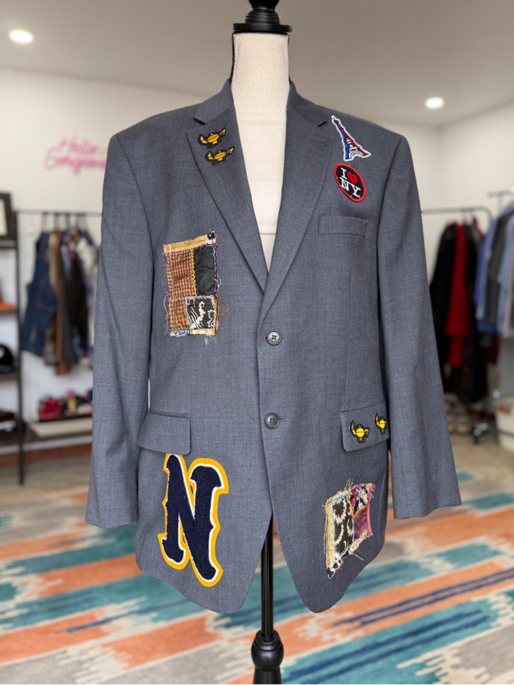 Reworked Upcycled Gray Patchwork Blazer with Patches Oversized Fit